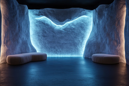 Modern interior design with illuminated cave walls and seating.の素材