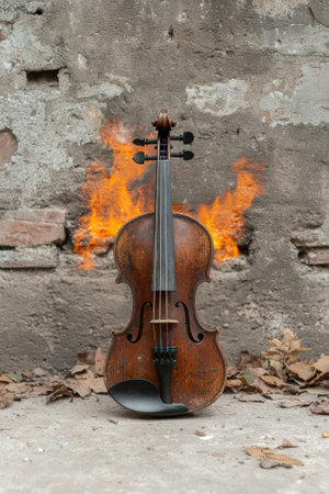 Violin standing in front of a wall with flames behind it.の素材