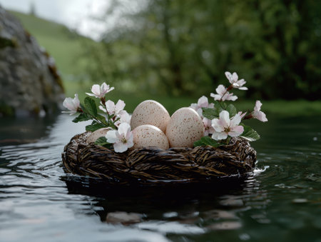Eggs in a nest with flowers floating on the water.の素材