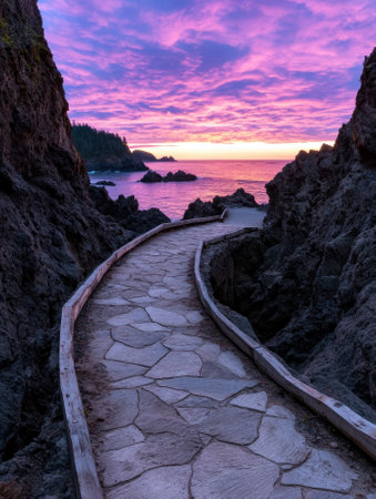 A scenic stone path leads to the ocean under a vibrant sunset sky.の素材