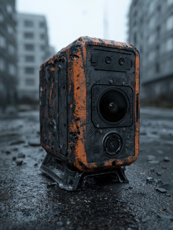 A futuristic camera device stands in a desolate urban landscape.の素材