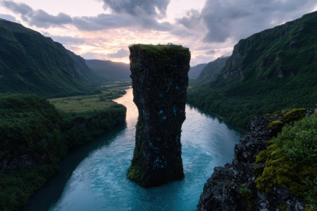 Scenic landscape with a river flowing through a valley.の素材
