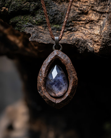 A striking pendant featuring a gemstone set in wood, suspended from a braided leather cord.の素材