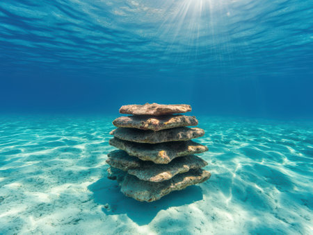 Underwater rock cairn in clear blue sea with sun rays.の素材