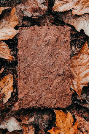 Rustic wood panel surrounded by autumn leaves.の素材