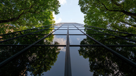 Modern glass building reflecting trees and sky.の素材