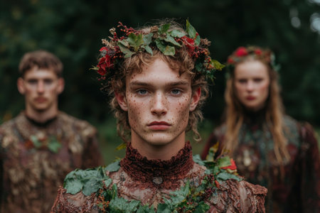 People dressed in foliage and flowers in a forest.の素材