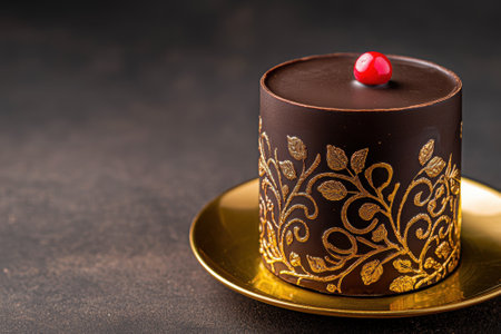 Elegant chocolate dessert with golden decoration and a cherry on top.の素材