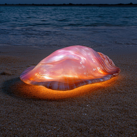 A large, glowing seashell sits on a sandy beach at night.の素材
