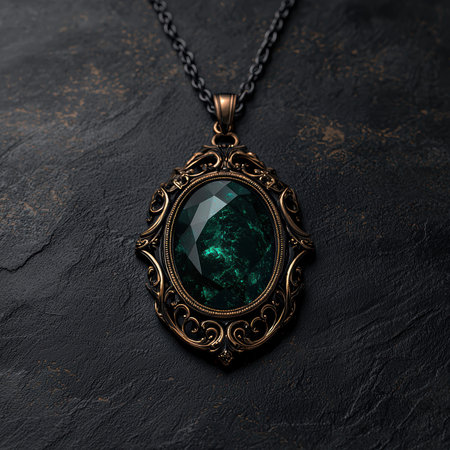 An ornate antique pendant with a green gemstone on a dark textured background.の素材
