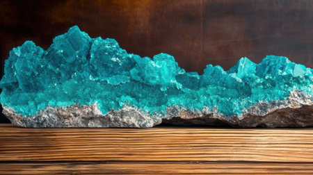 A cluster of vibrant blue crystals on a wooden surface.の素材