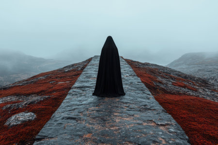 A figure in black stands on a stone path in a misty landscape.の素材