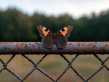 A butterfly resting on a rusty fence in a natural setting.の素材
