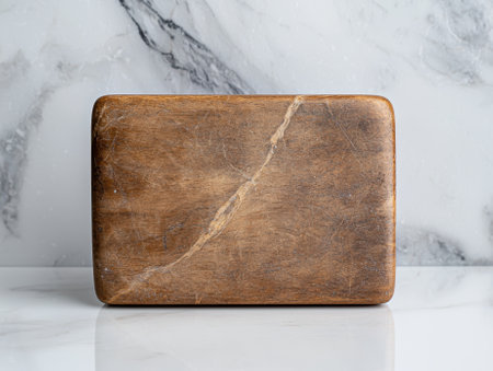 Wooden cutting board on marble surface.の素材