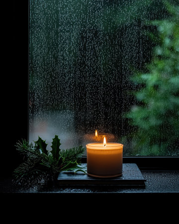 Cozy candle burning on a rainy day.の素材