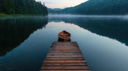 A wooden boat tied to a dock on a misty lake.の素材