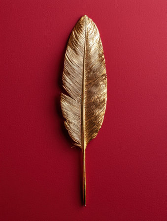 A golden feather on a red background.の素材