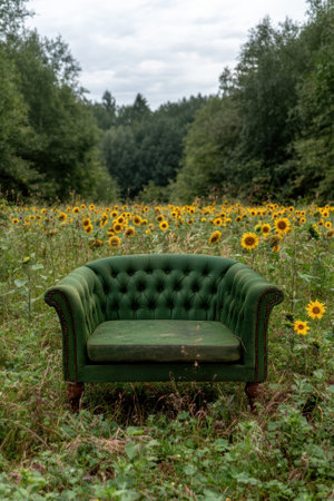 Green armchair in a field of sunflowers.の素材