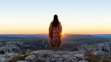 Woman in native american dress standing on a mountain top at sunset.の素材