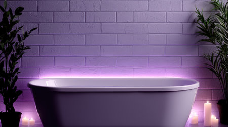 Bathtub in a modern bathroom with plants and candles.の素材
