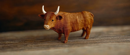 A highland cow figurine on a wooden surface.の素材