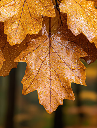 Autumn oak leaves covered in water droplets after a rain shower.の素材