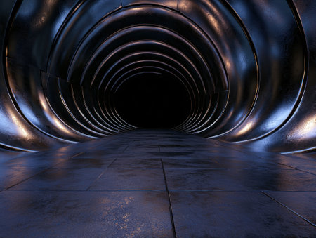 Abstract metallic tunnel with dark end, futuristic architecture.の素材