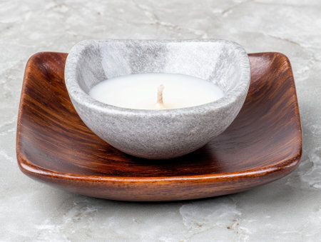 A candle in a stone bowl on a wooden tray.の素材