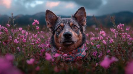 Dog wearing a scarf in a field of pink flowers.の素材