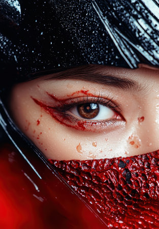 Close-up of a woman's face with dramatic makeup and water droplets.の素材