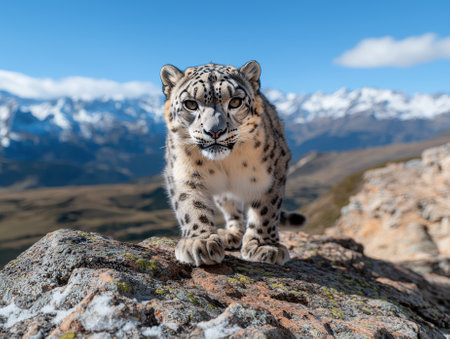A snow leopard stands on a rocky outcrop in its natural habitat.の素材