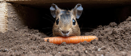 A cute guinea pig with a carrot in a burrow.の素材