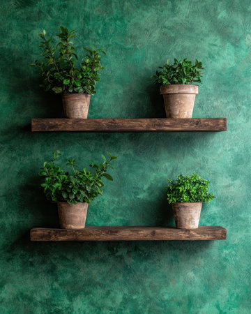 Potted plants on rustic wooden shelves against a textured green wall.の素材