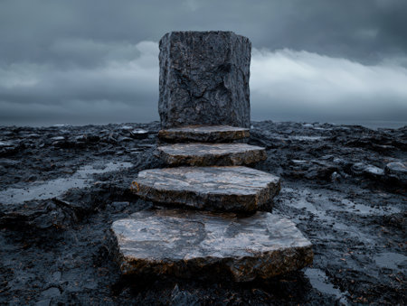 Stone steps leading to a monolith under a cloudy sky.の素材