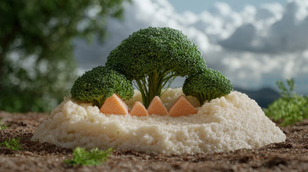 Miniature landscape made of broccoli, cauliflower, and cheese triangles.の素材