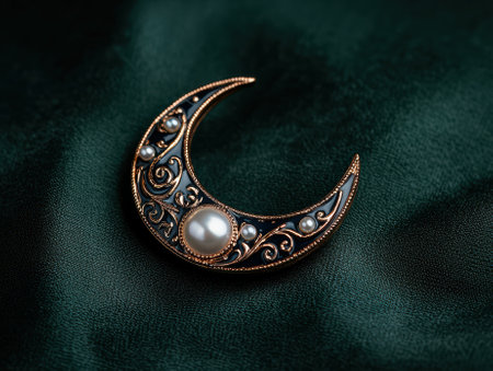 Crescent moon brooch with pearls on green fabricの素材