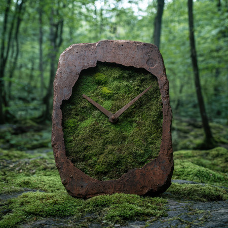 A unique moss clock in a forest setting.の素材