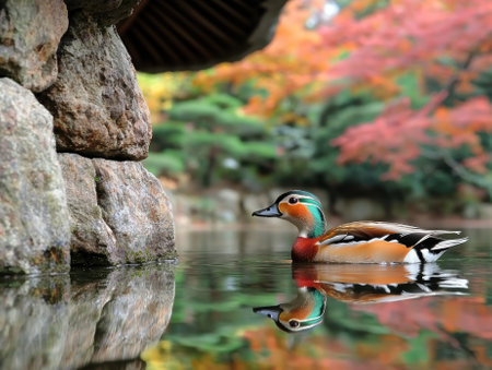 A colorful mandarin duck swims in a tranquil pond surrounded by autumn foliage.の素材