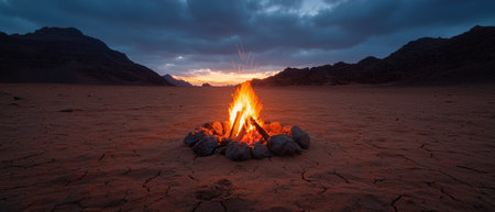 Campfire burning in a dry desert landscape at dusk.の素材