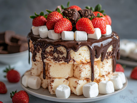 Delicious marshmallow cake with chocolate ganache and strawberries.の素材