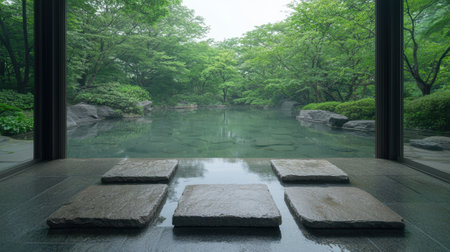 Zen garden with stepping stones over water.の素材