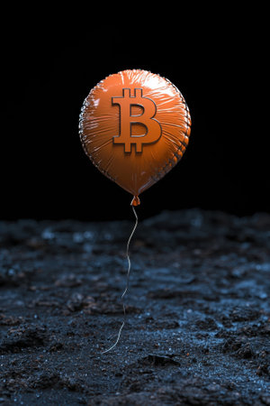 Bitcoin balloon on dark ground, cryptocurrency concept.の素材