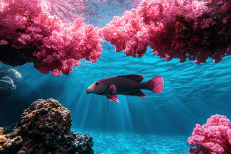 A colorful fish swims among pink coral in a clear blue ocean.の素材