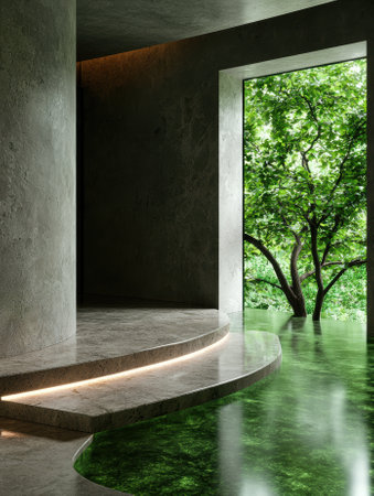 Modern interior with water feature and tree view.の素材