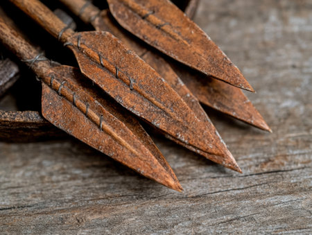 Rustic arrows with wooden shafts and metal tips.の素材