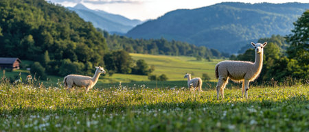 Alpacas graze in a lush green meadow with mountains in the background.の素材