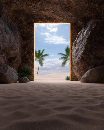 Tropical beach oasis through a cave portal.の素材