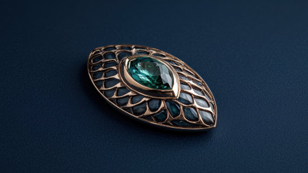 Elegant green gemstone brooch on a dark blue surface.の素材