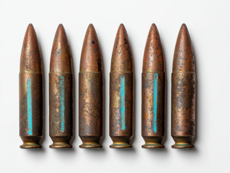 Ammunition rounds in a row on a white background.の素材