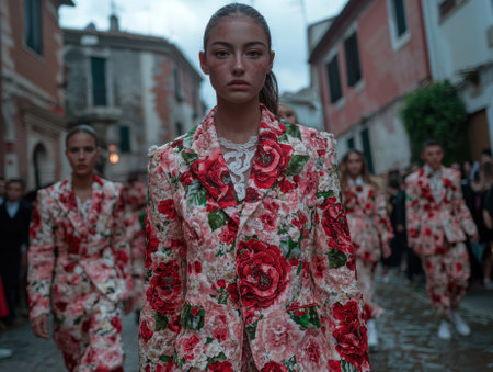 Models walk the runway in floral suits.の素材